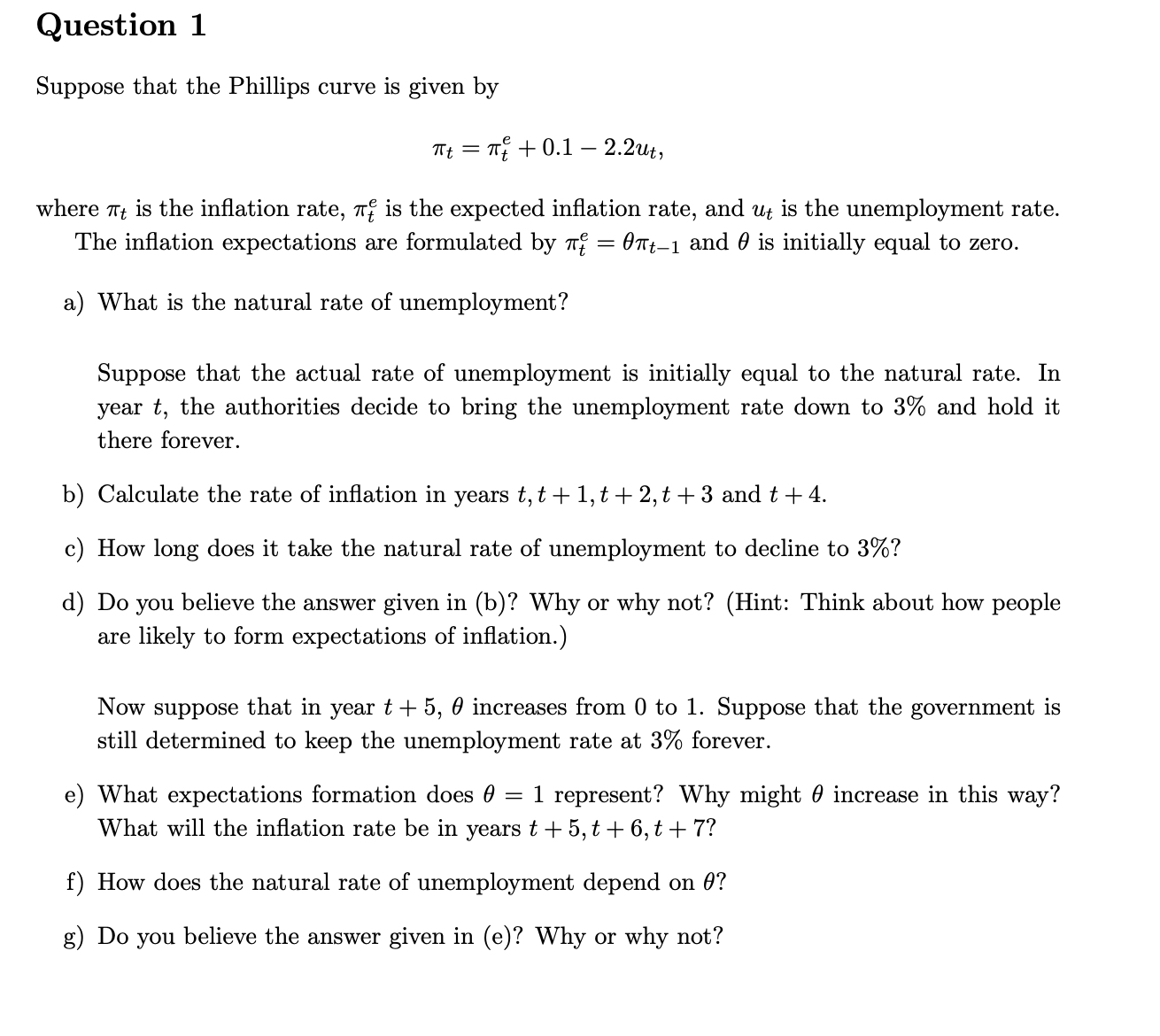  Question 1 Suppose that the Phillips curve is given by 71}