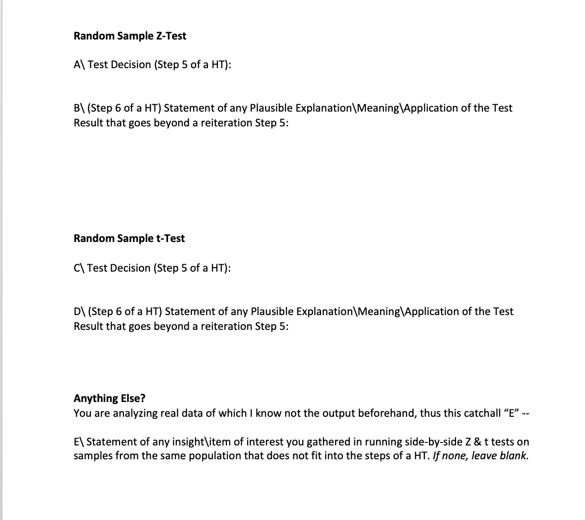 0.01 Hypothesis Test Data: Z test 2 Tail CV, Z = 2.58
