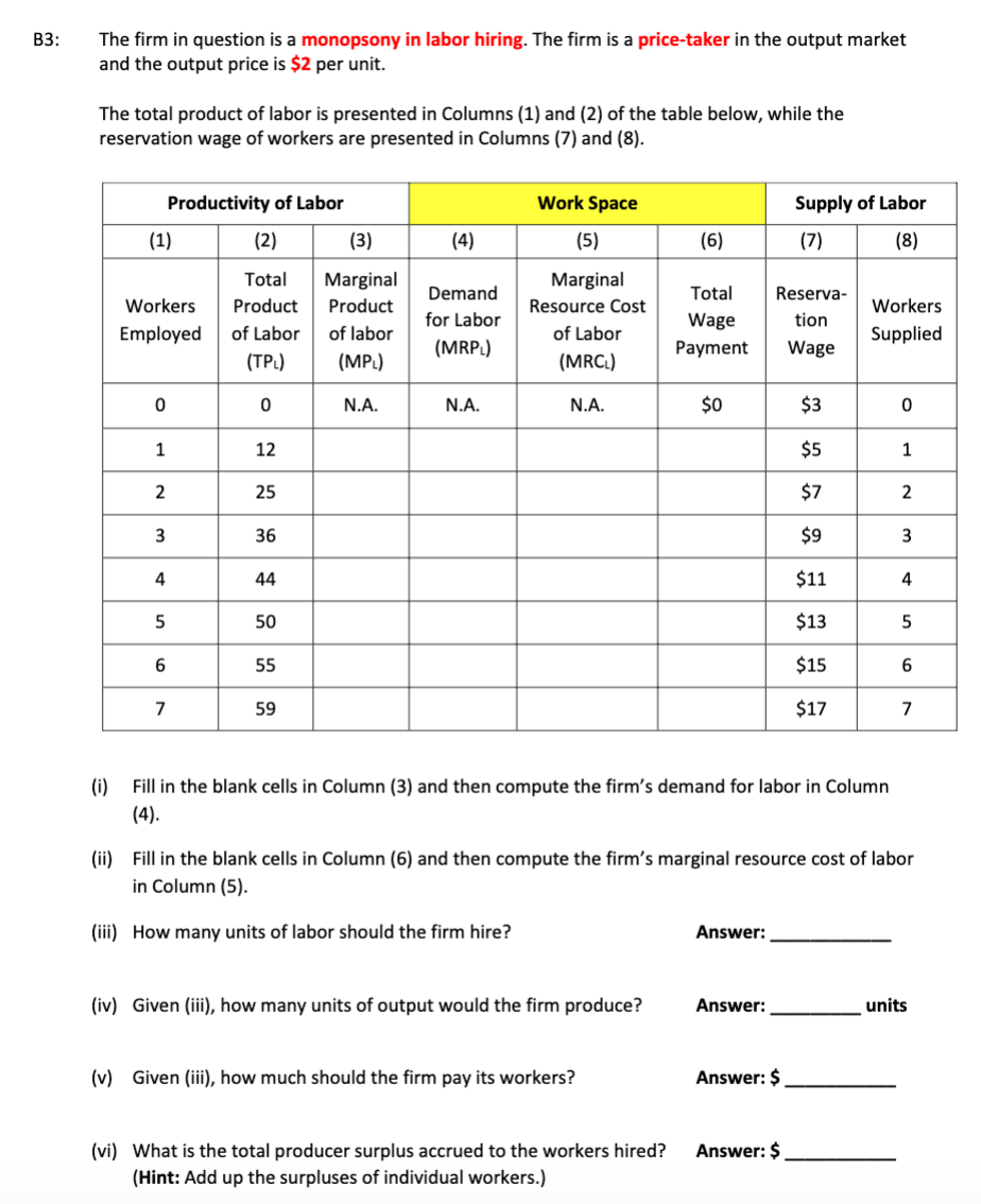 Please help our assignment BB: The rm in question is a monopsony