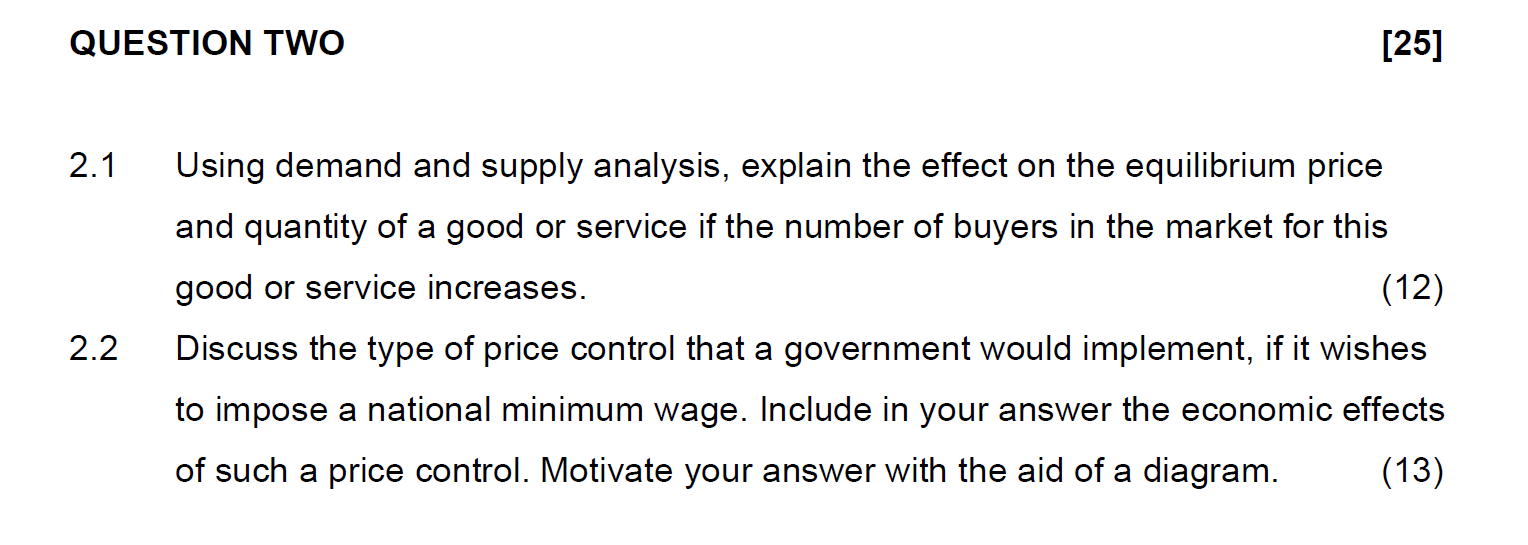  QUESTION TWO [25] 2.1 2.2 Using demand and supply analysis, explain