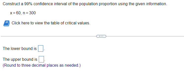 Construct a 99% confidence interval of the population proportion using the