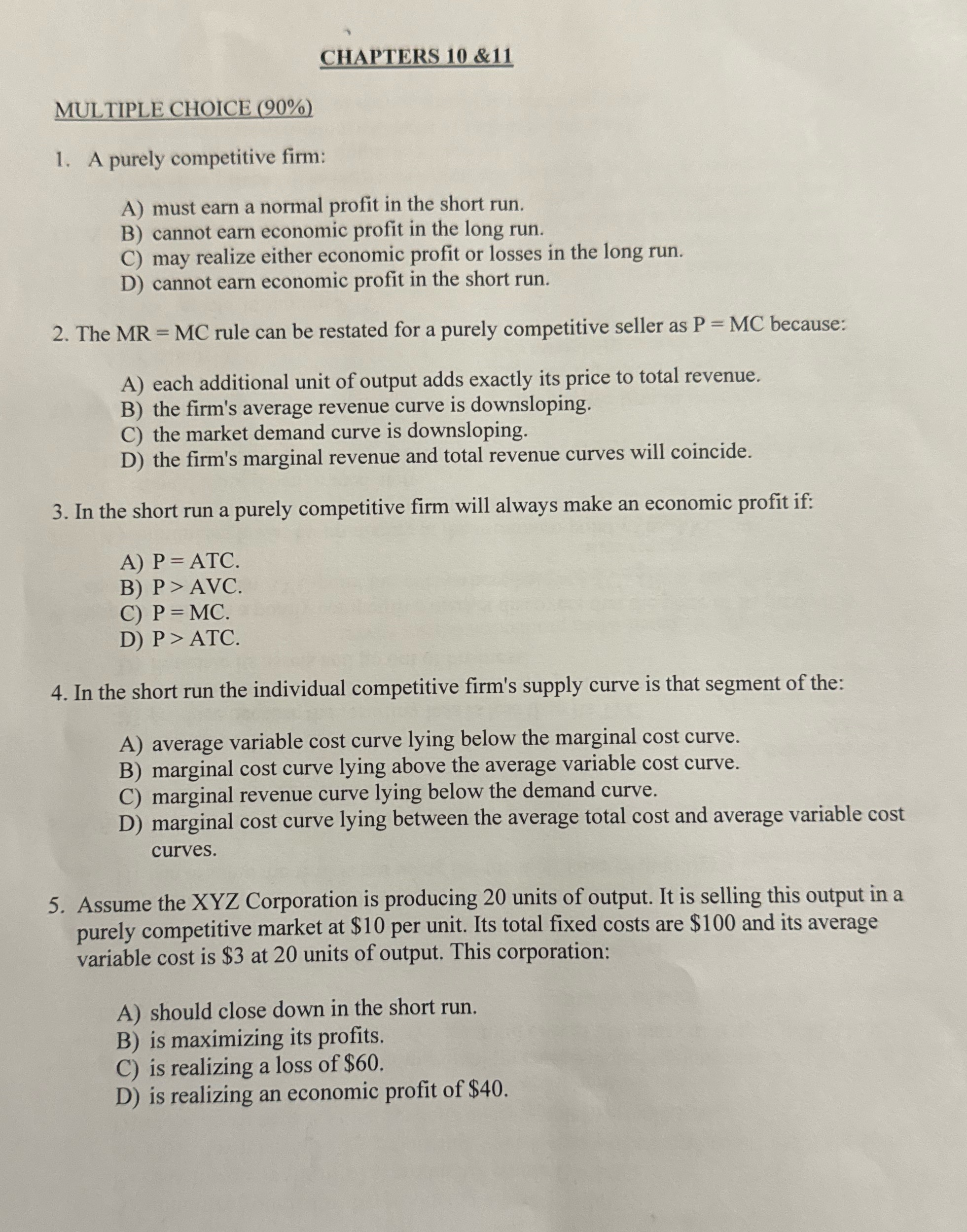  V. CHAPTERS 10 &ll MULTIPLE C1 {OICE (90%) l. A purely