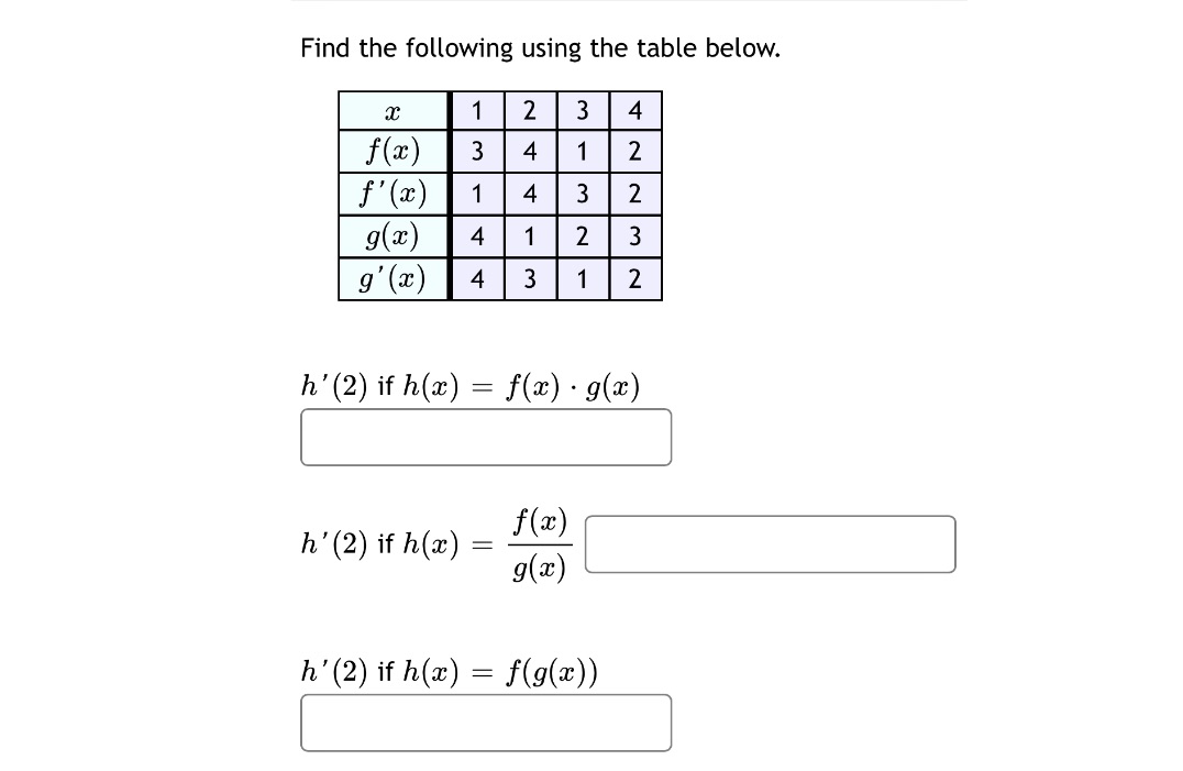  Find the following using the table below. 1 2 3 4