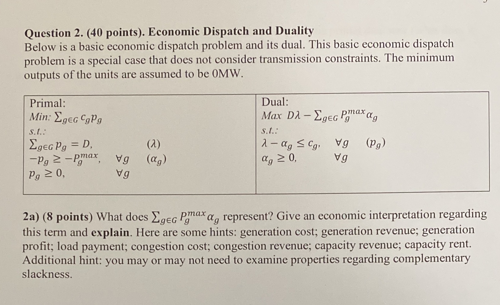 Economic Dispatch and Duality Question 2. (40 points). Economic Dispatch and Duality