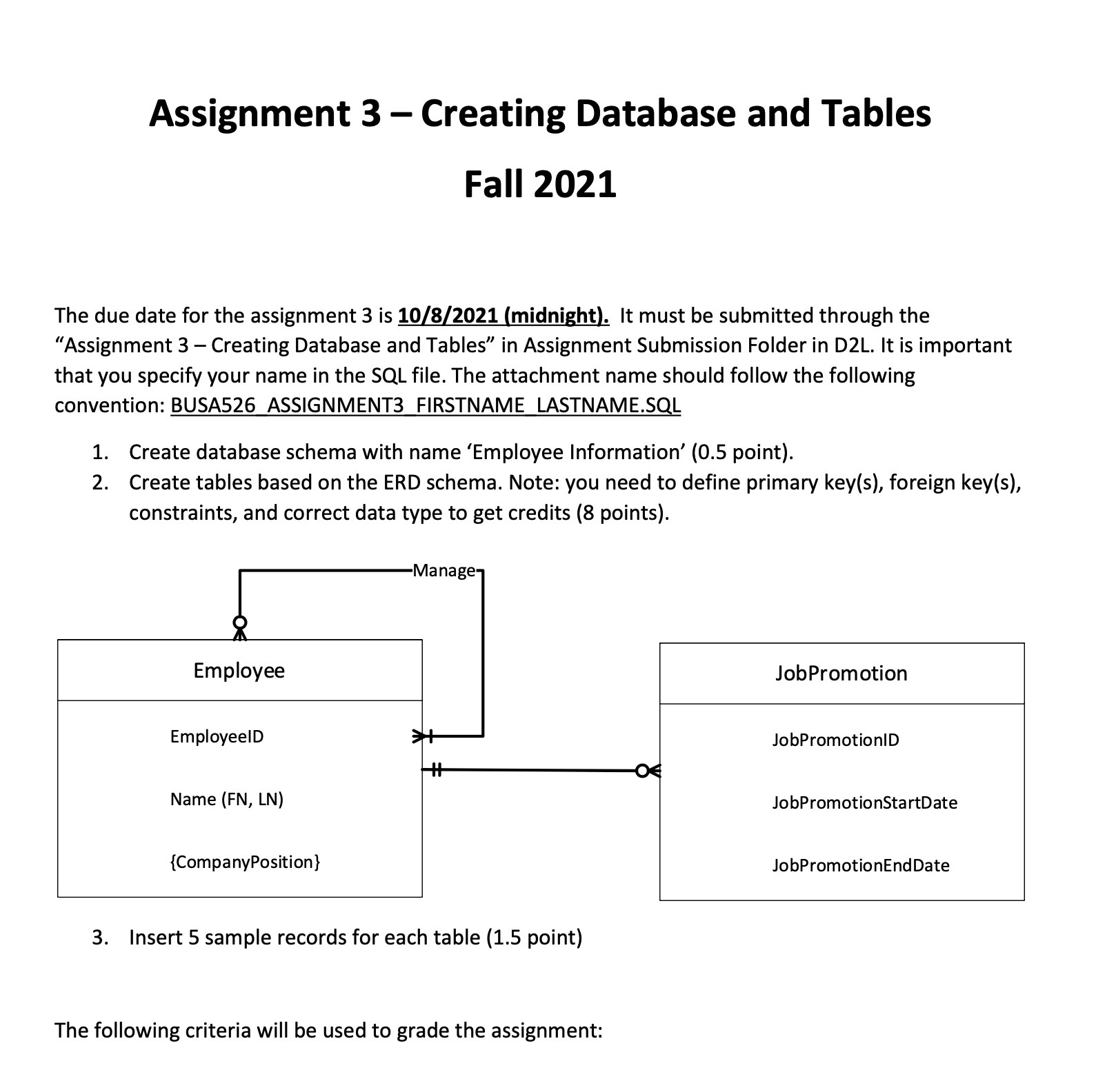 Assignment 3 - Creating Database and Tables Fall 2021 The due