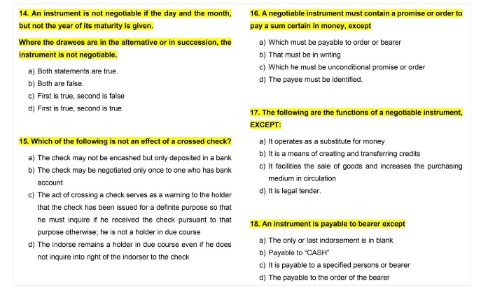 Negotiable Instruments Law: Choose the CORRECT answer and EXPLAIN. 14. An instrument