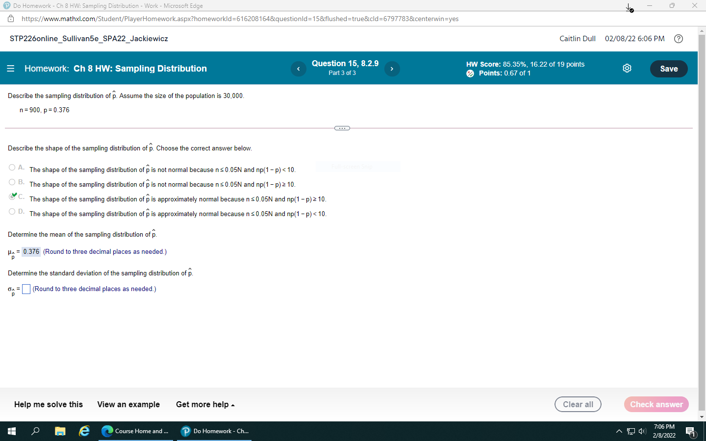 Do Homework - CH 3 Sampling Distribution - Work - Microsoft Edge