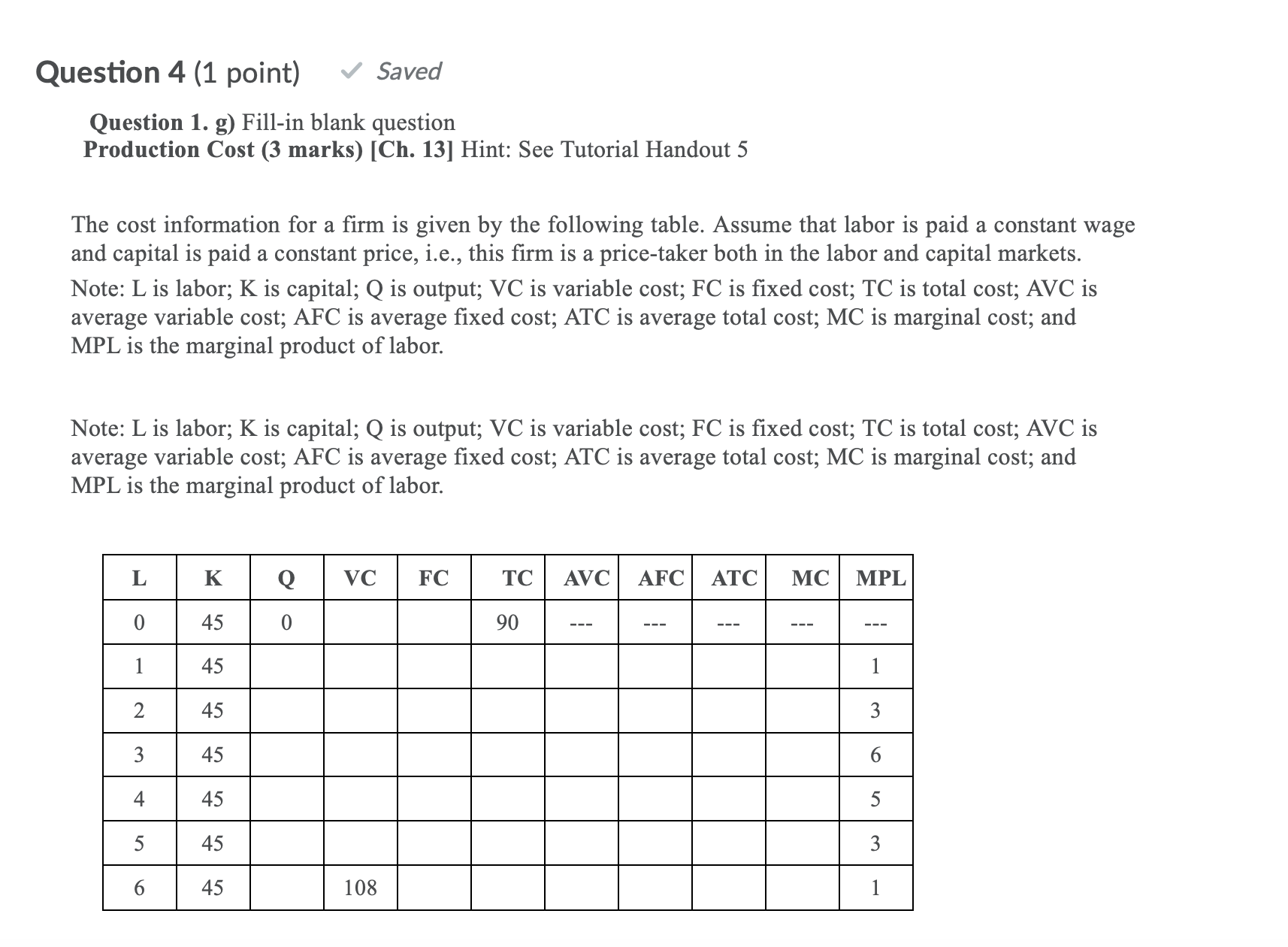 Q is output; VC is variable cost; FC is fixed cost; TC