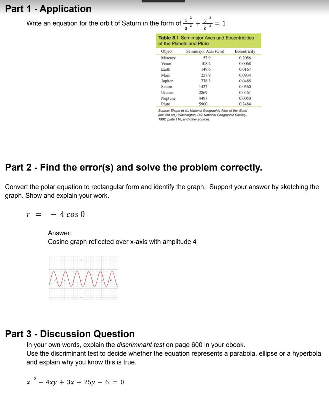  Part 1 - Application Write an equation for the orbit of