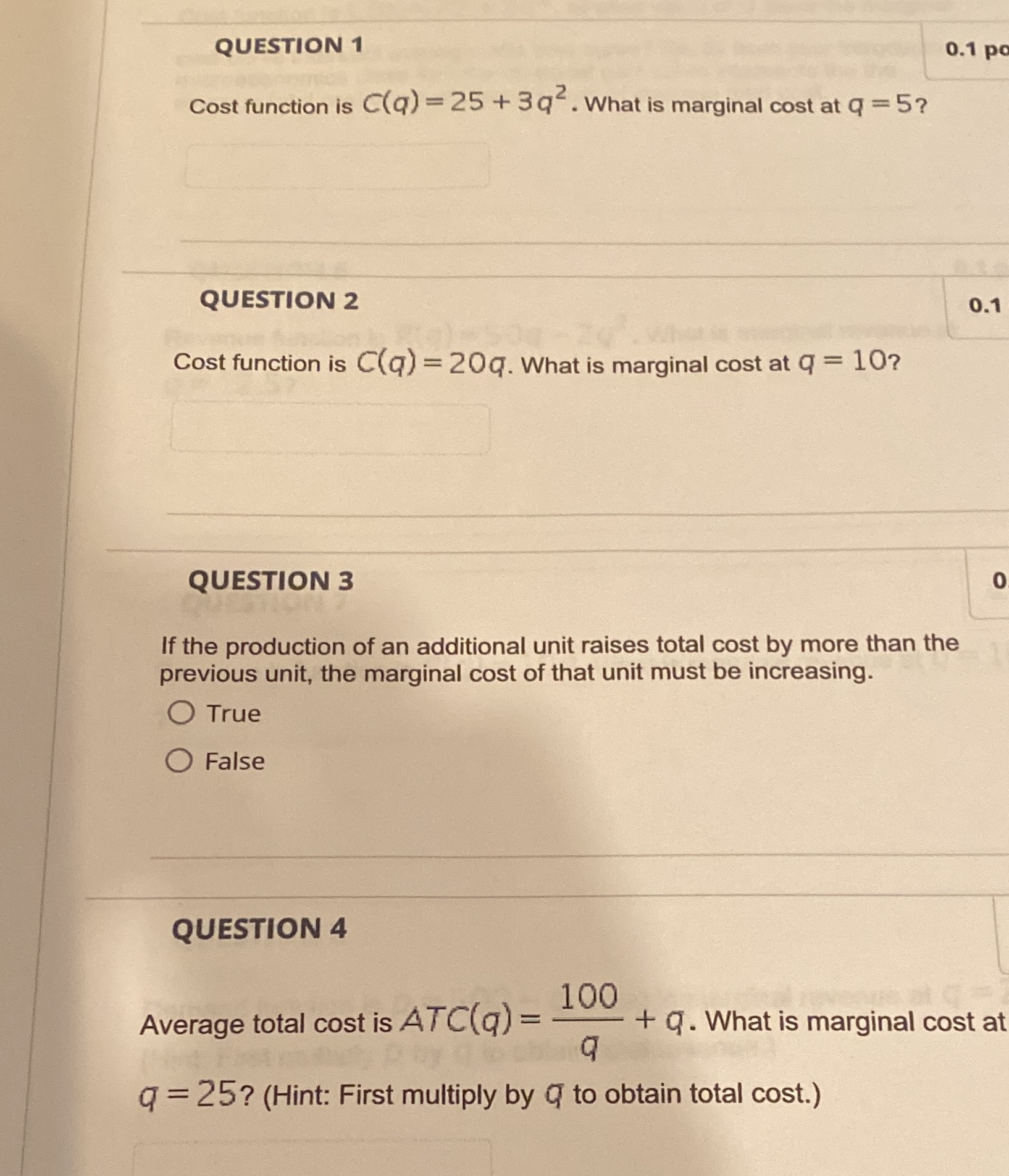 QUESTION 1 0.1 p Cost function is C(q) = 25 +