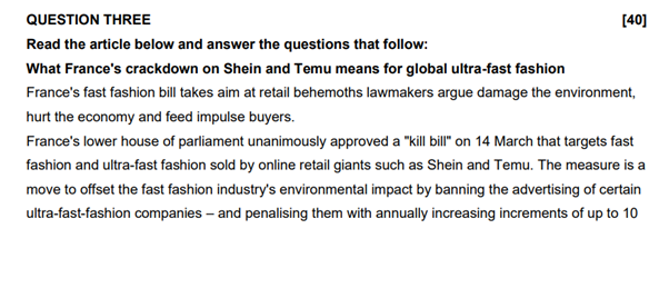  QUESTION THREE [40] Read the article below and answer the questions