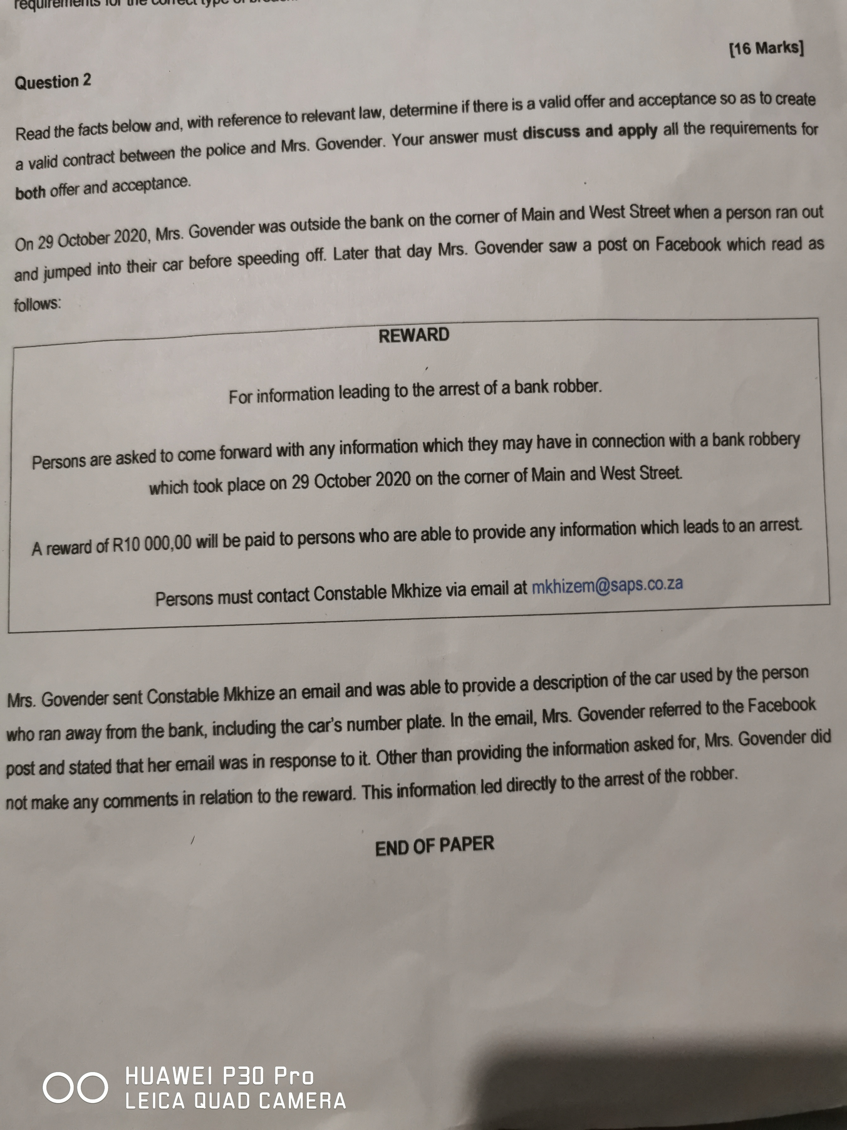  Question 2 [16 Marks] Read the facts below and, with reference