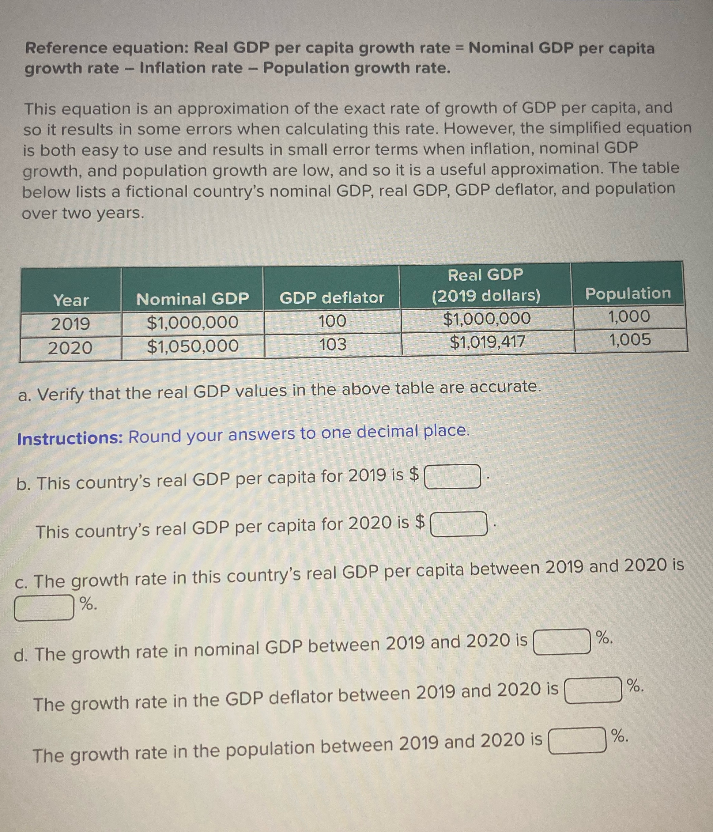 Please help solve Reference equation: Real GDP per capita growth rate =