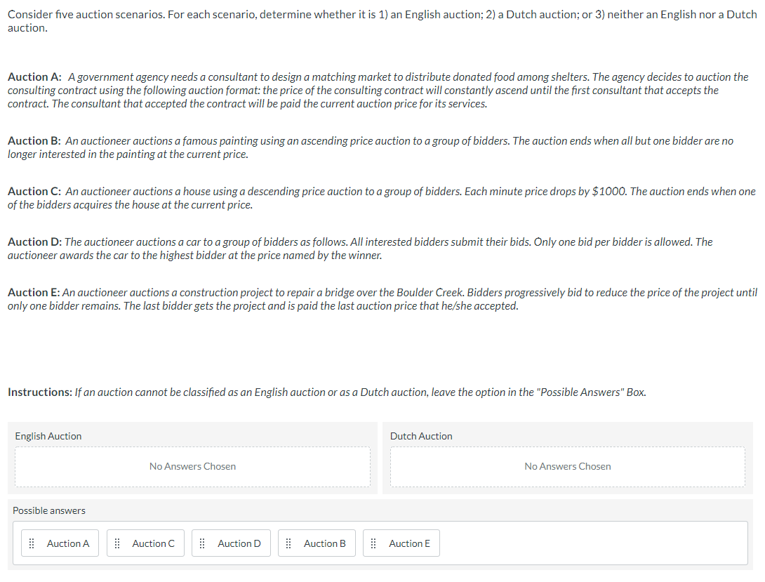 Consider five auction scenarios. For each scenario, determine whether it is