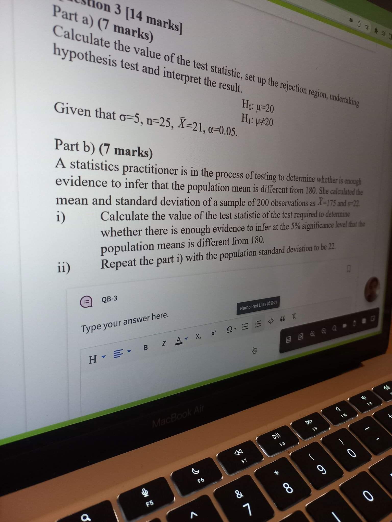 Stion 3 [14 marks) Part a) (7 marks) hypothesis test and
