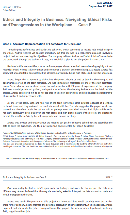 Read Case E: Ethics and Integrity in Business: Navigating Ethical Risks and