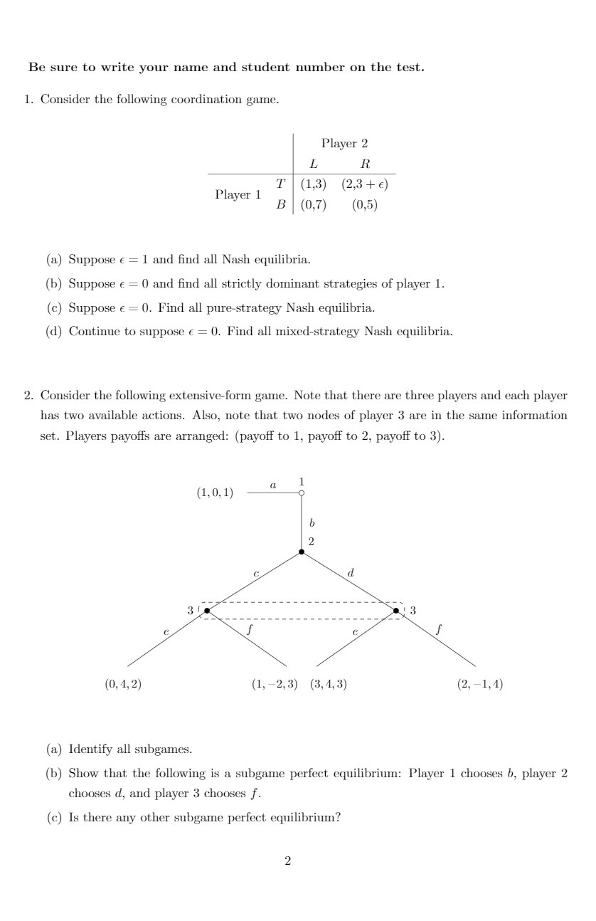  Be sure to write your name and student number on the