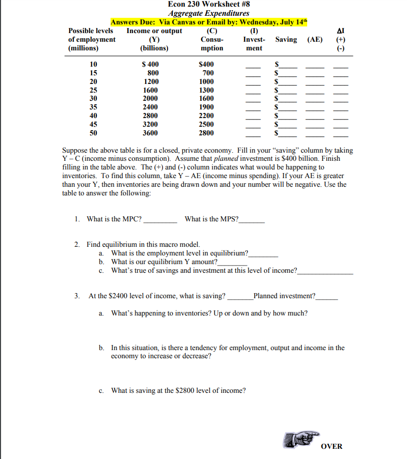 please answer all the questions on this document Econ 23H Worksheet #8