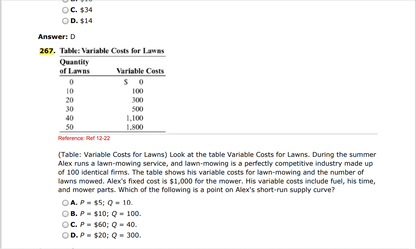  _. cps\" ,c. $34 'D. $14 Answer: D 267. Table: Variable