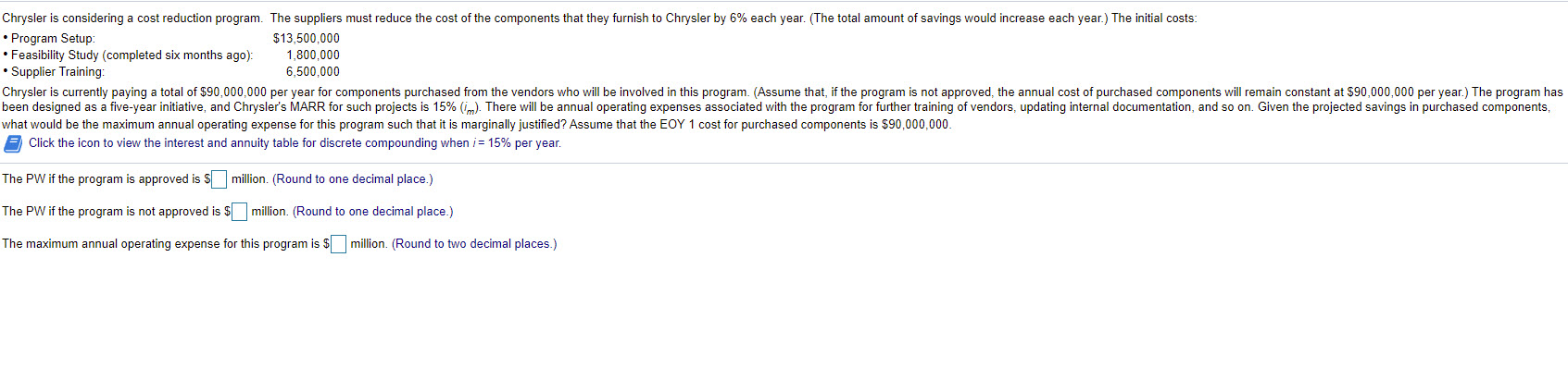 Chrysler is considering a cost reduction program. The suppliers must reduce the