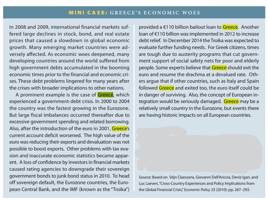 Based on the Greece's Economic Woes (p. 111) case below, analyze the