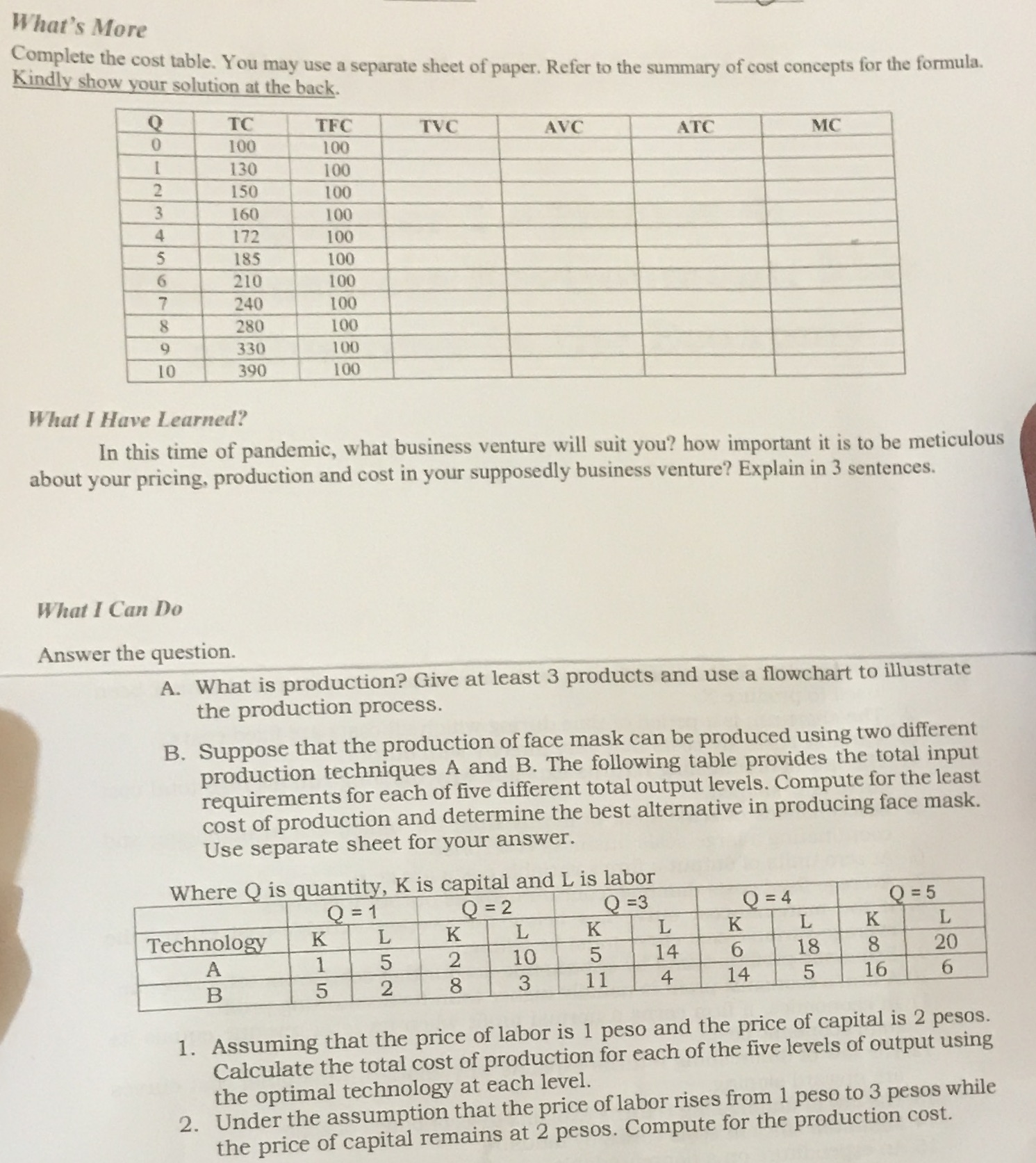 What's More Complete the cost table. You may use a separate