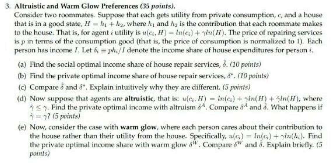 3. Altruistic and Warm Glow Preferences (35 points). Consider two roommates.