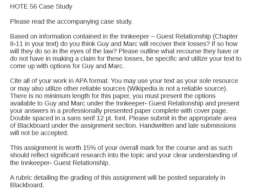 HOTE 56 Case Study Please read the accompanying case study. Based