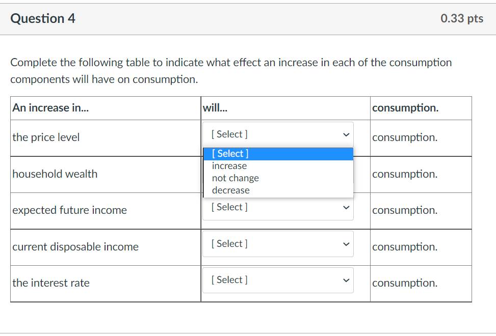  Question 4 0.33 pts Complete the following table to indicate what