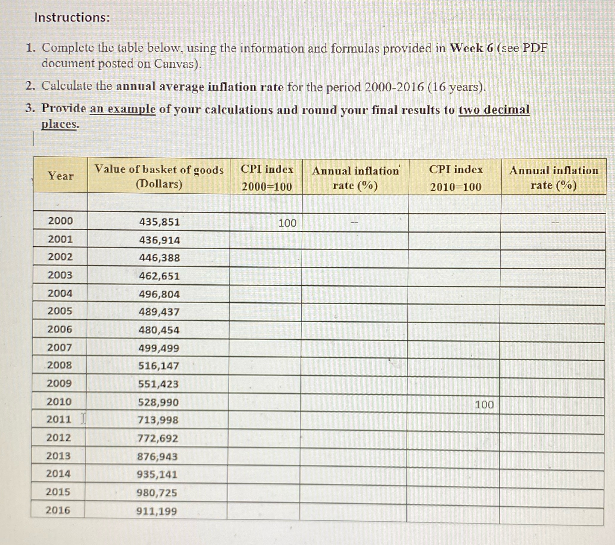  Instructions: 1. Complete the table below, using the information and formulas