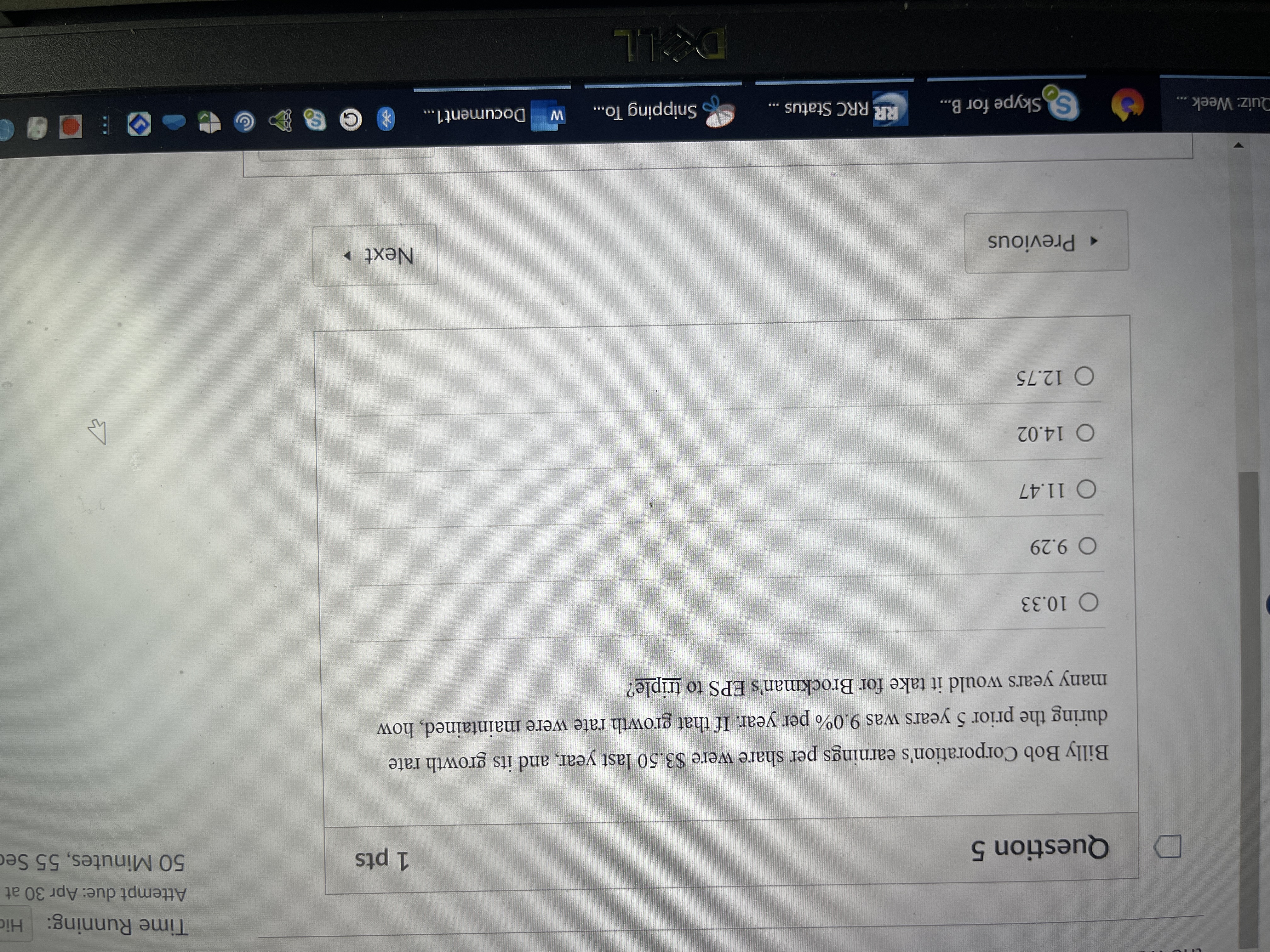  Time Running: Hi Attempt due: Apr 30 at D Question 5