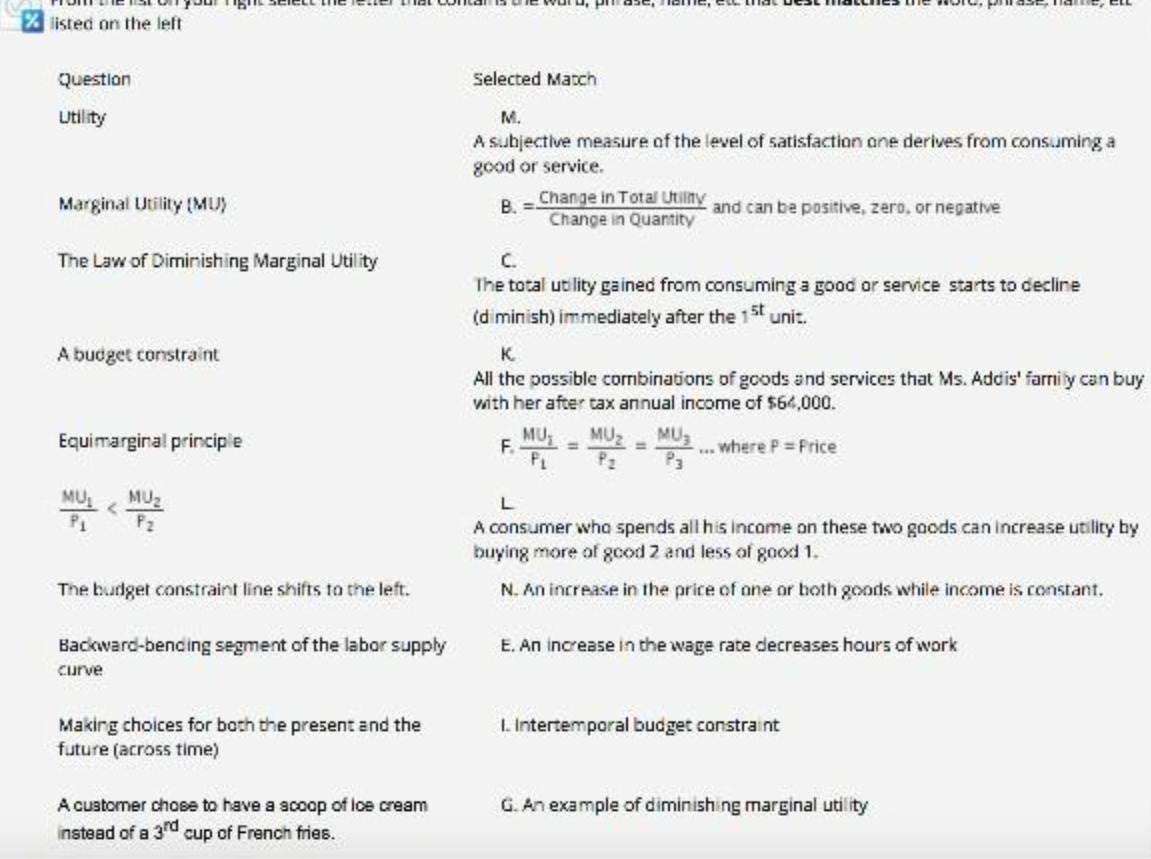  % listed on the left Question Selected Match Utility M. A