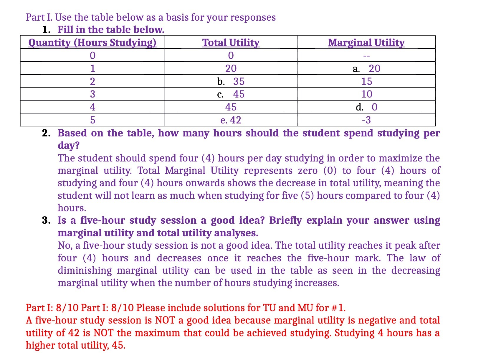Part I. Use the table below as a basis for your