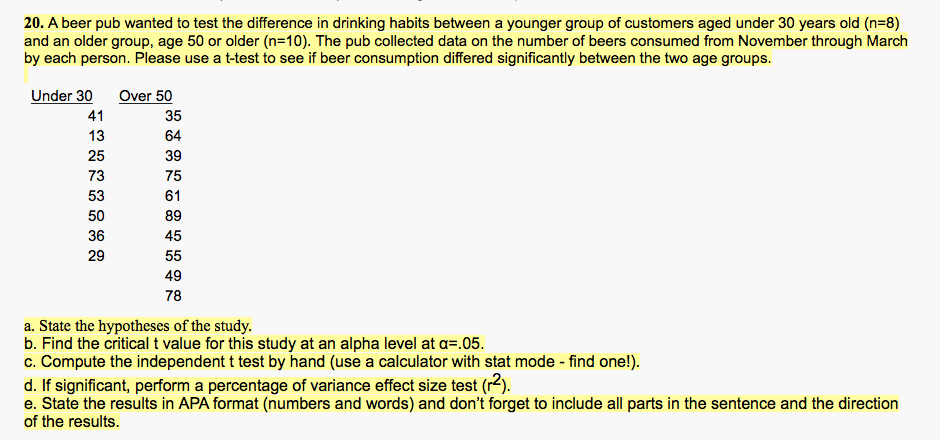  20. A beer pub wanted to test the difference in drinking
