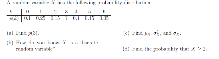  A random variable * has the following probability distribution: k 0