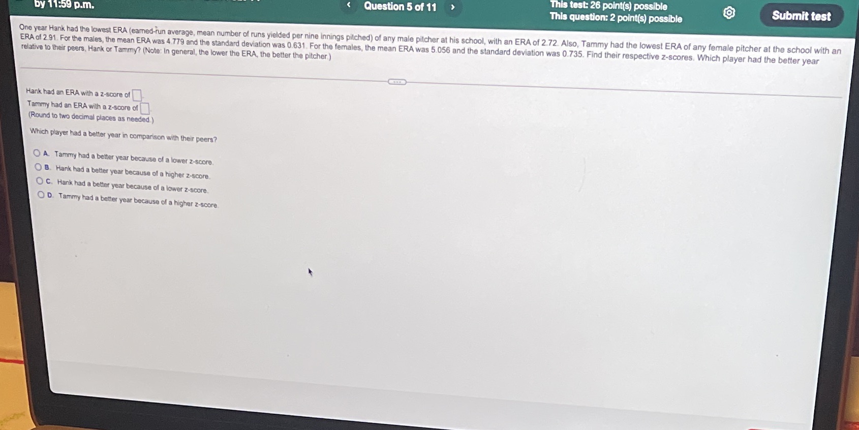  This test: 26 point(s) possible Question 5 of 11 Submit test