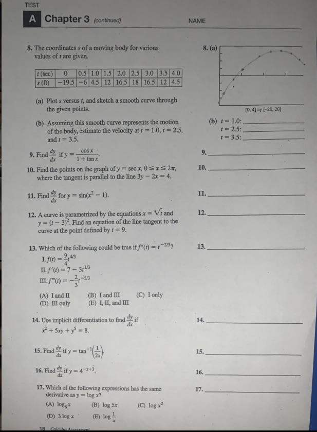 I need all work shown. TEST A Chapter 3 (continued) NAME 8.