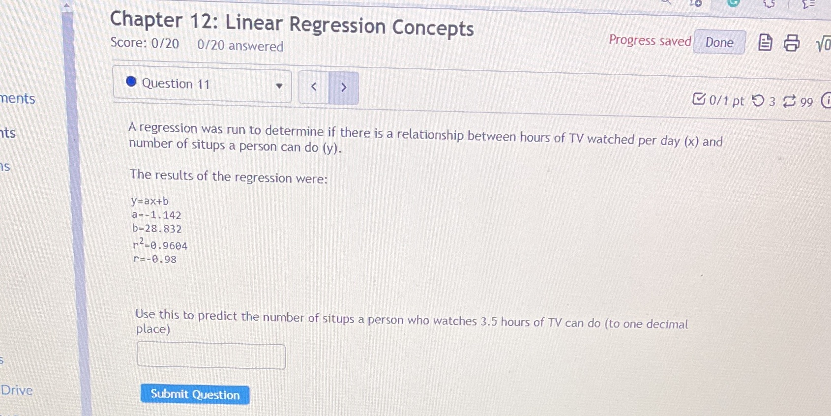  Chapter 12: Linear Regression Concepts Progress saved Done 8 VO Score: