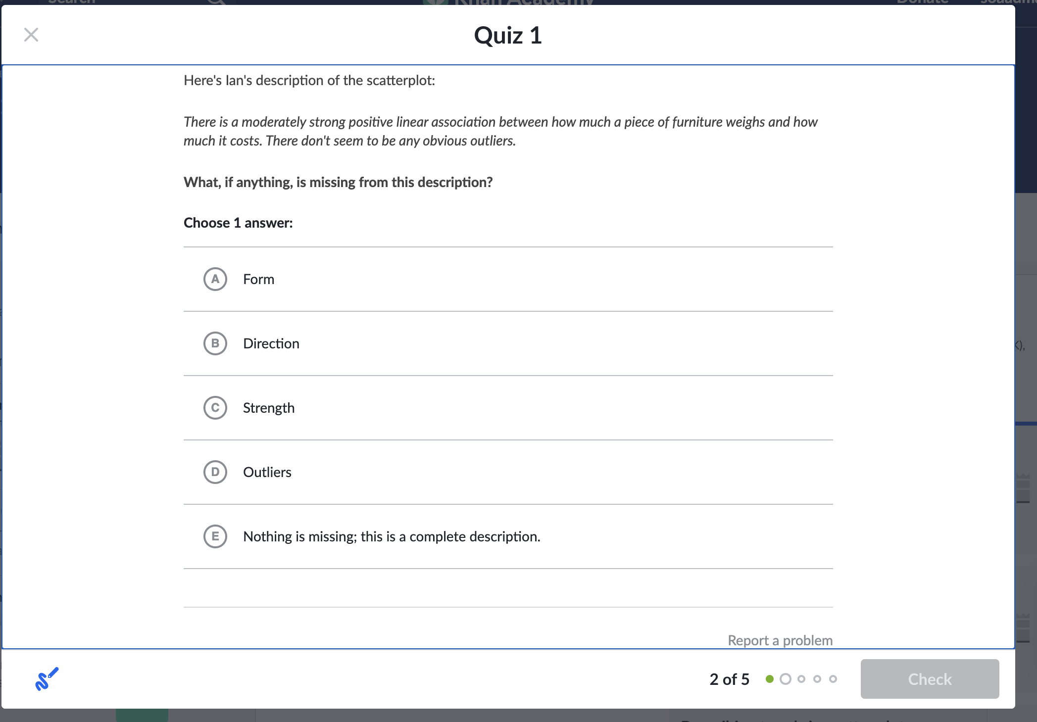  Quiz 1 Here's Ian's description of the scatterplot: There is a