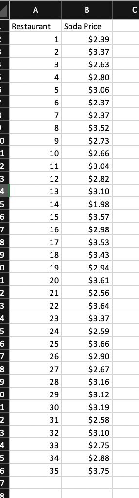 Restaurant Soda Price 1 2 3 4 5 6 7 8 9