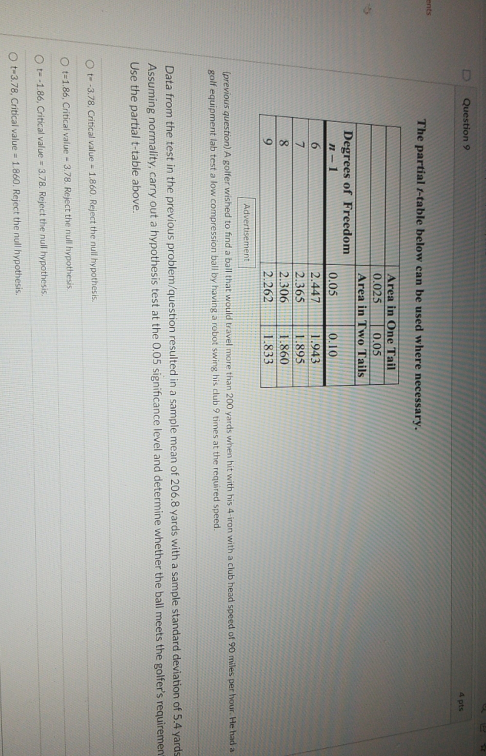 statistics Question 9 4 pts nts The partial /-table below can be