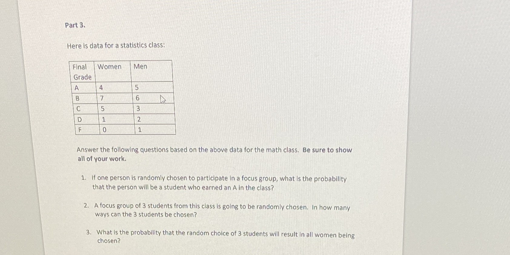  Part 3. Here is data for a statistics class: Final Women