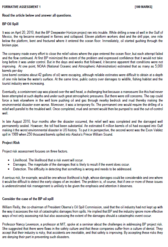  FORMATIVE ASSESSMENT 1 [100 MARKS] Read the article below and answer