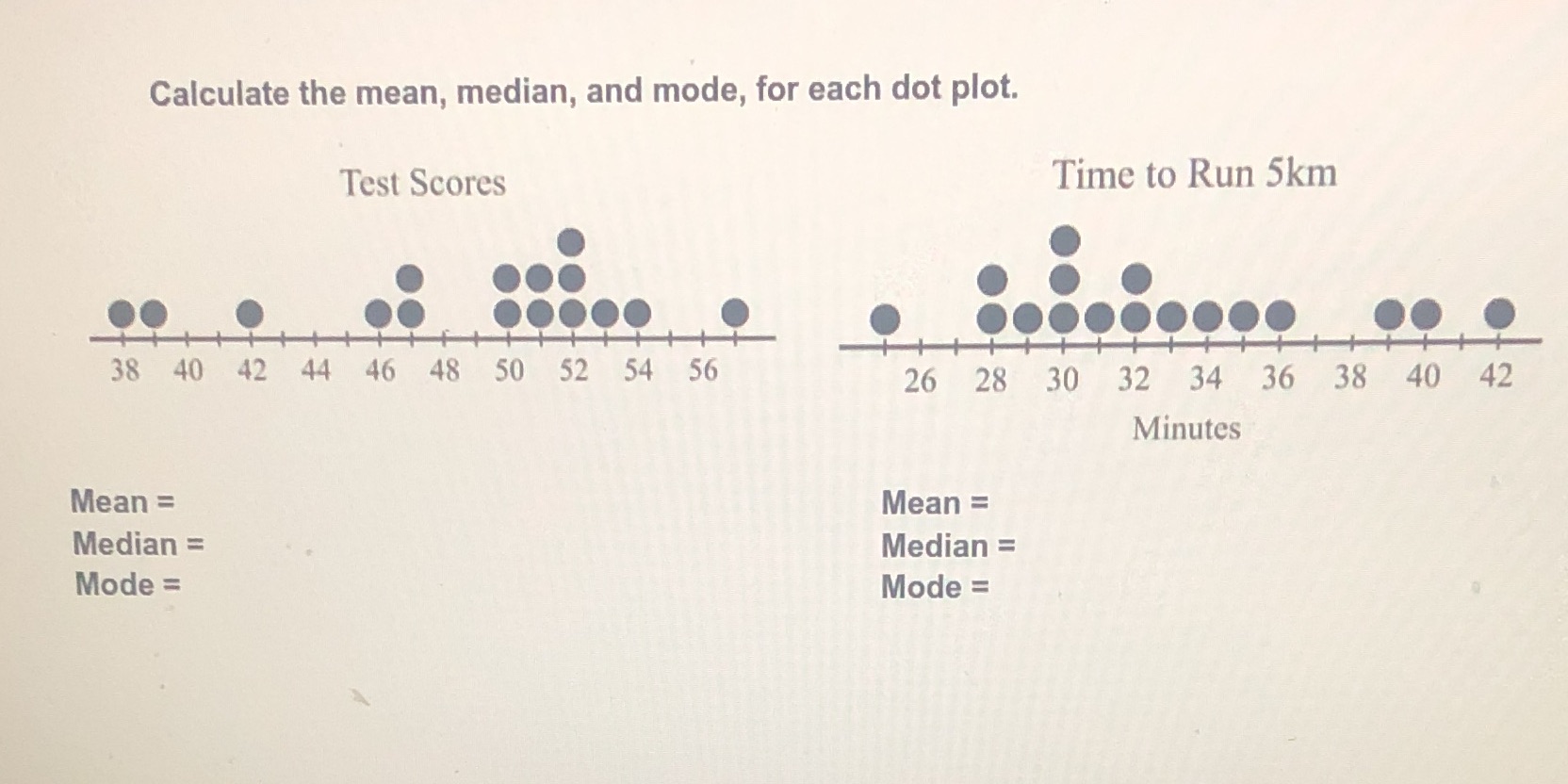 Calculate the mean, median, and mode, for each dot plot. Test