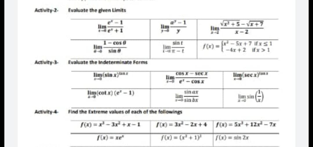  Activity-2- Evaluate the given Limits 1 0 -1 lim- Him VX