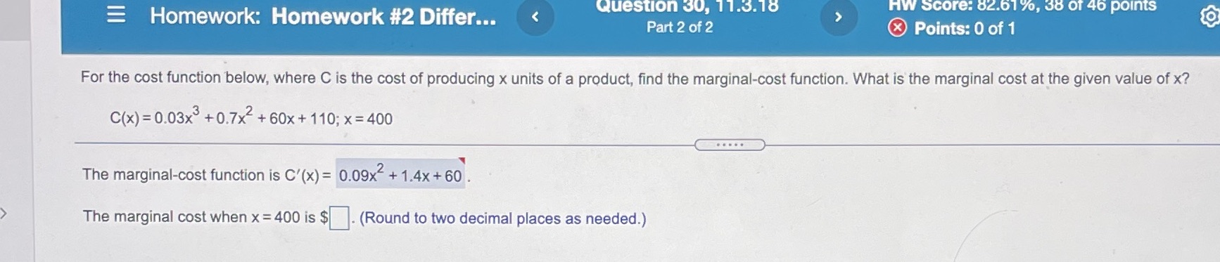 Homework: Homework #2 Differ... Part20f2 @ Points: O of 1 For the
