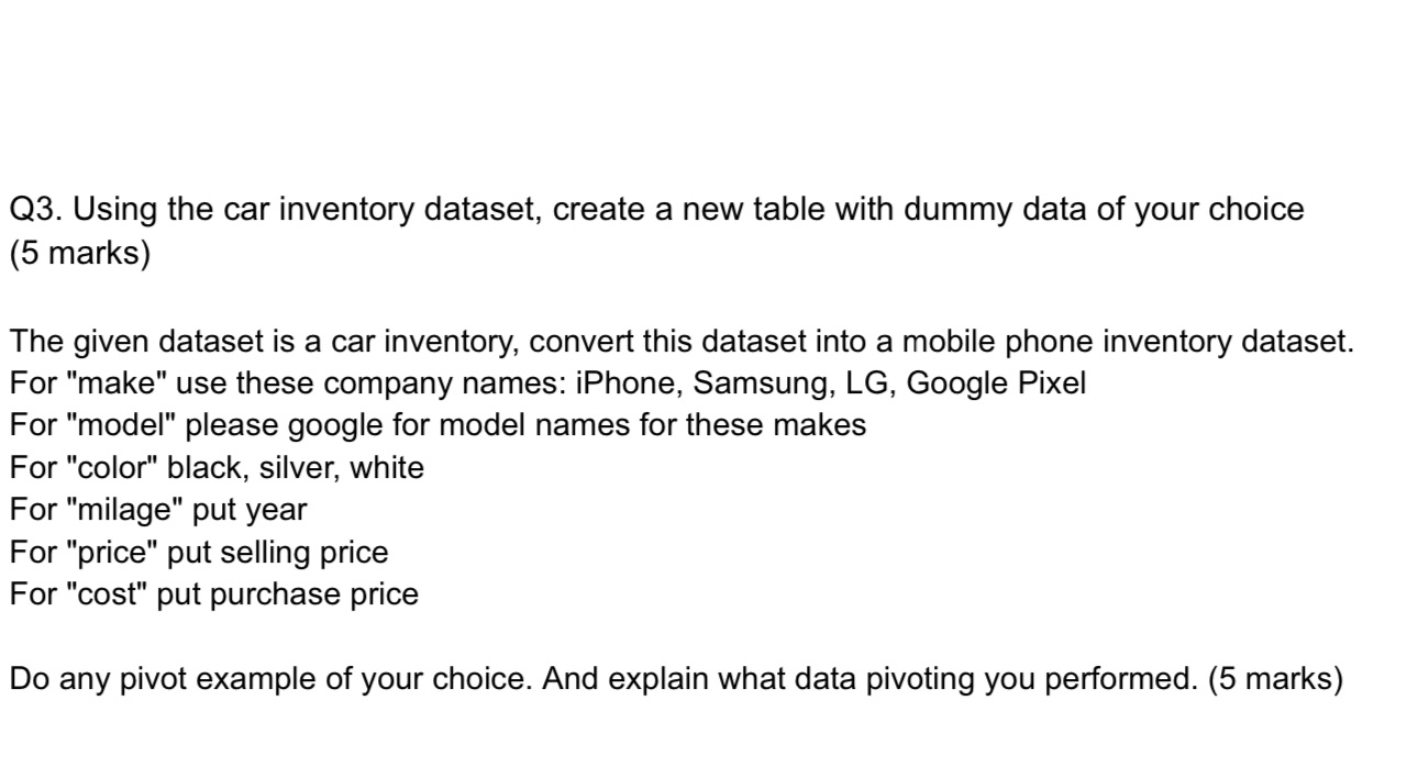  Q3. Using the car inventory dataset, create a new table with