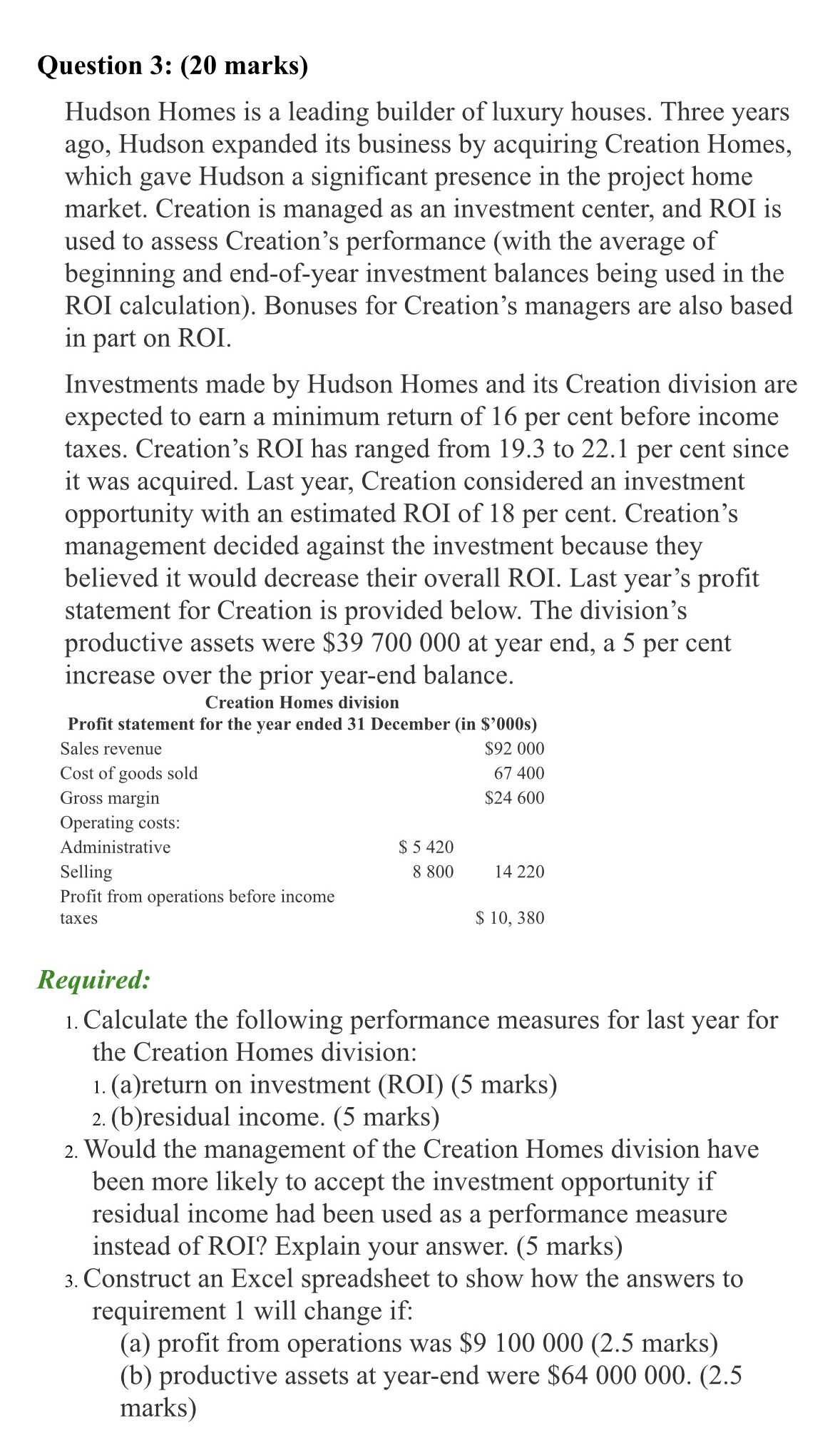 Question 3: (20 marks) Hudson Homes is a leading builder of