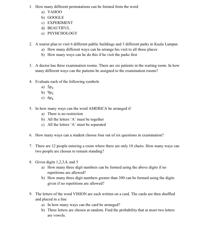 Question 1-9 1. How many different permutations can be formed from the