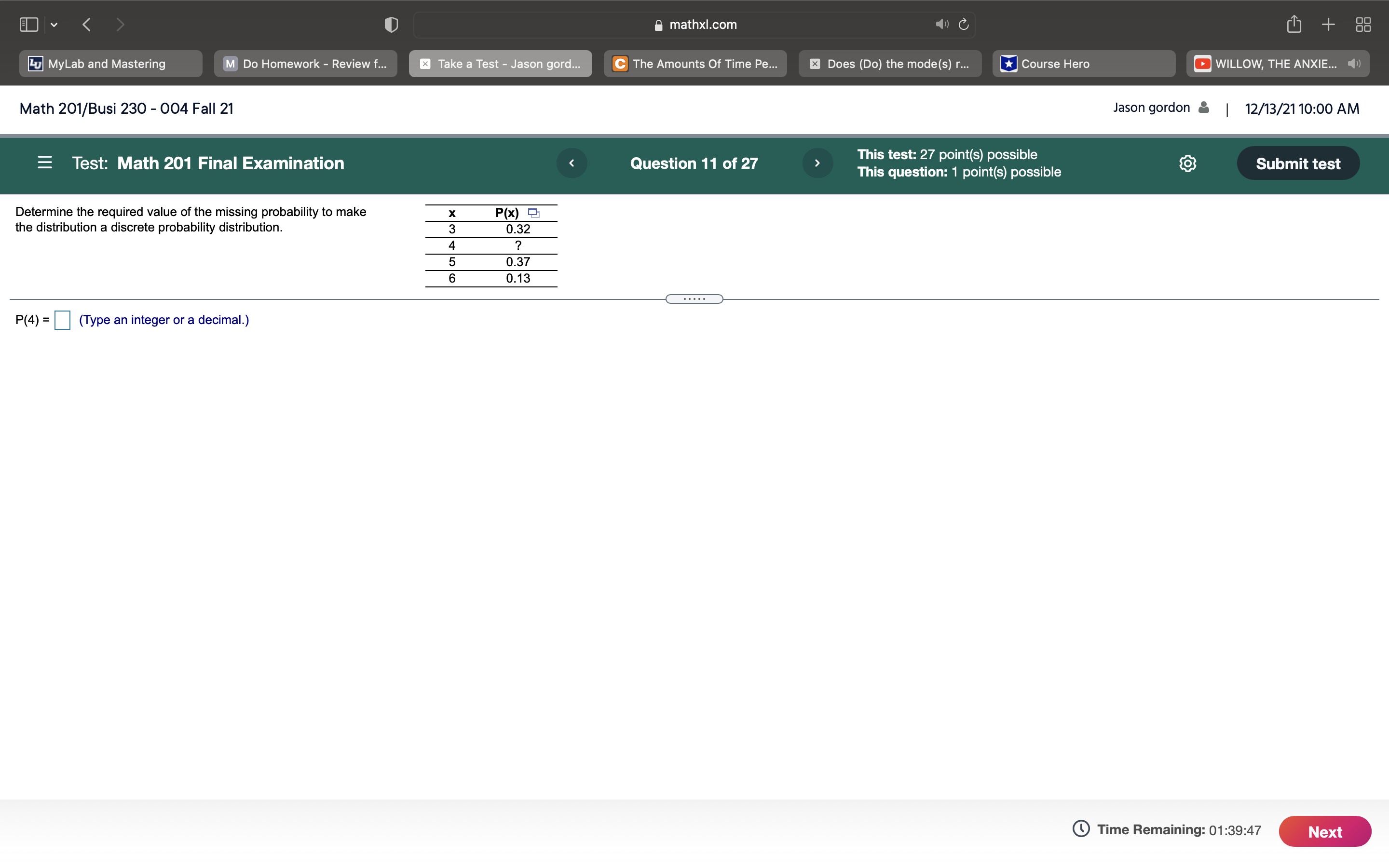 mathxl.com M Do Homework - Review f... Take a Test - Jason